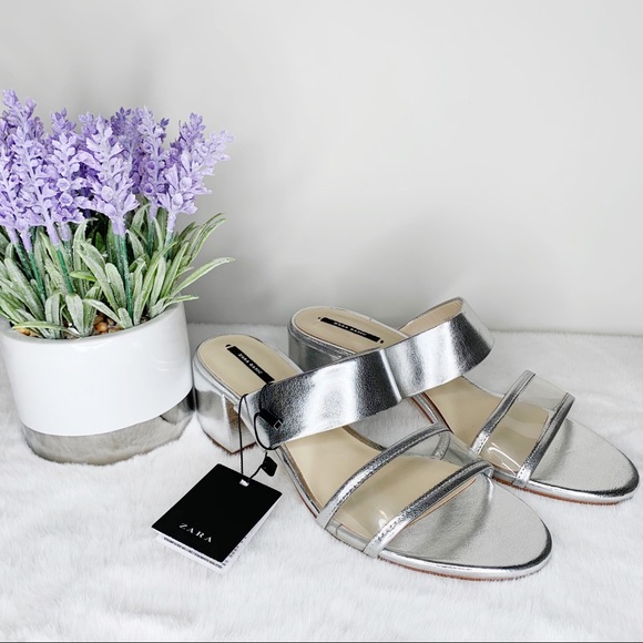 NWT Zara Silver Low Chucky Heeled Sandal Size 9